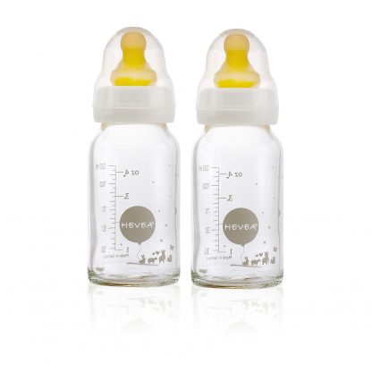 Hevea Baby Feeding Bottles 2 Pack - Glass Bottles with Natural Rubber Teat
